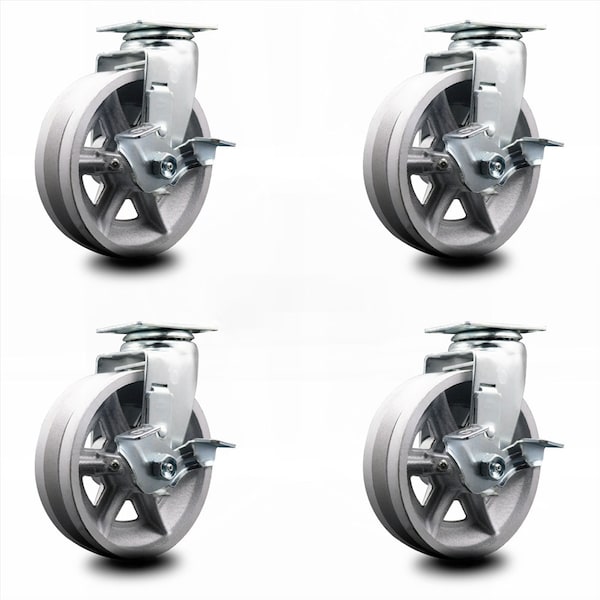 6 Inch V-Groove Semi Steel Swivel Caster Set with Ball Bearings and Brakes SCC